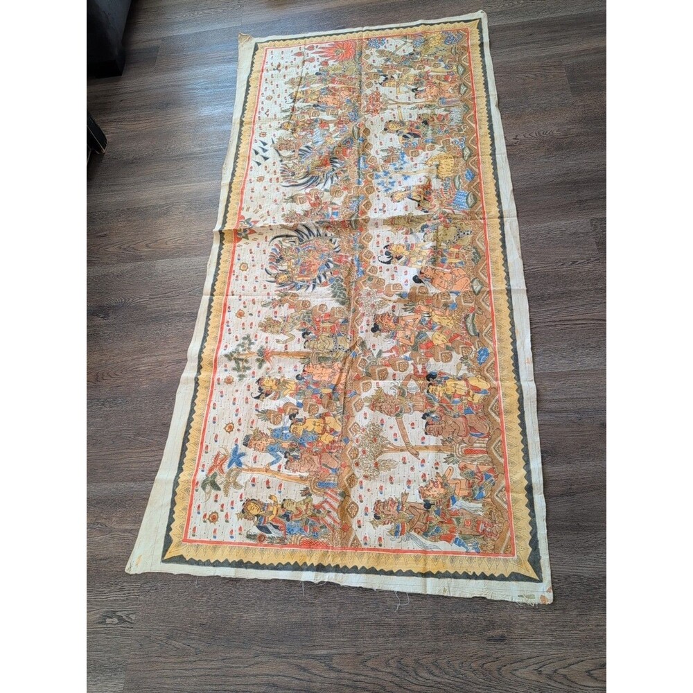 Vintage Kamasan Bali Indonesia Textile Hand Painting Mural 74" X 34" Signed